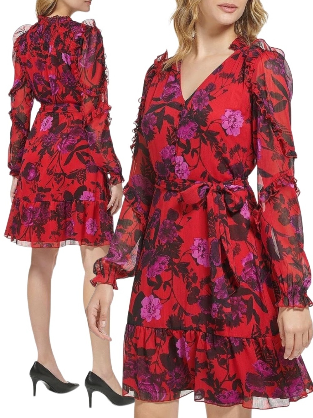 Karl Lagerfeld Paris Ruffled Floral Chiffon Dress Size 12 Mini Formal